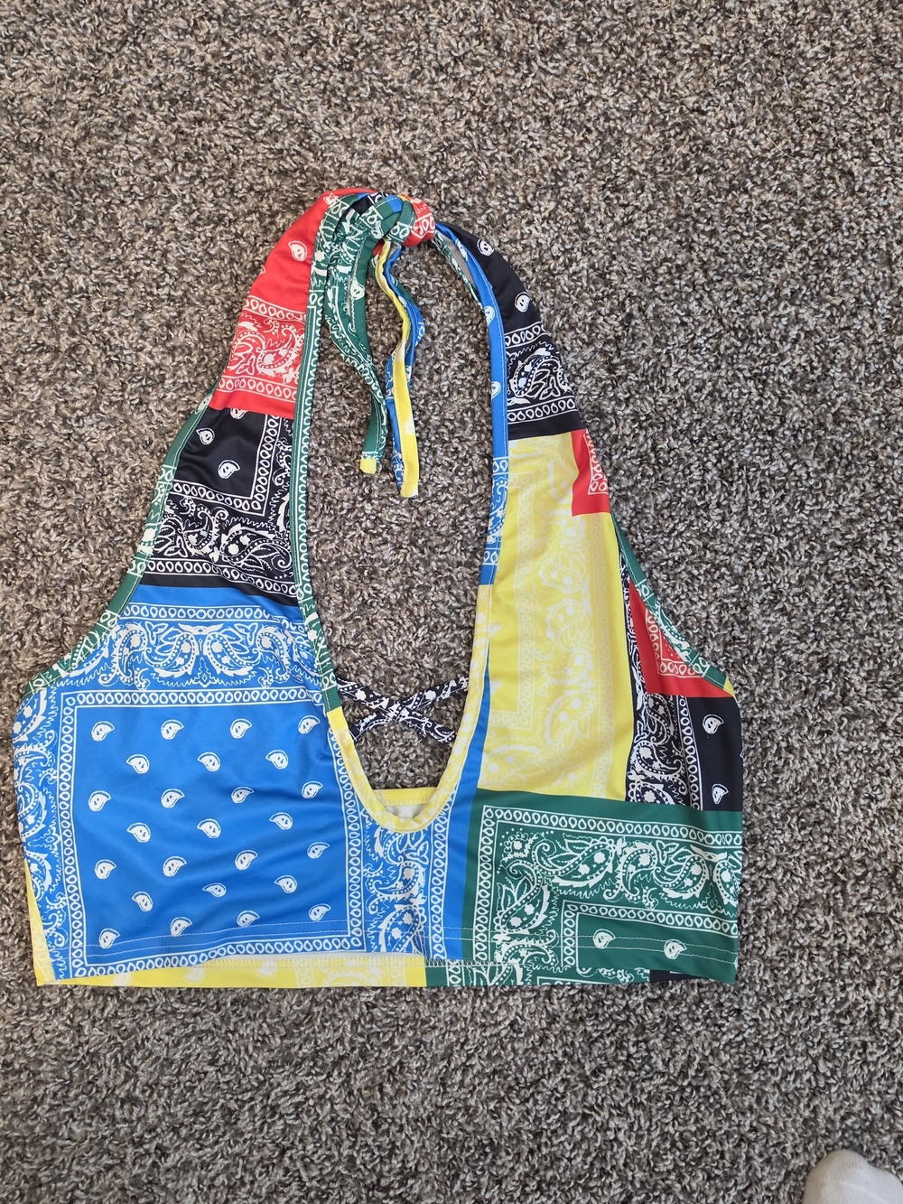 SHEIN Yellow & Light Blue Bandana Patch Halter Top